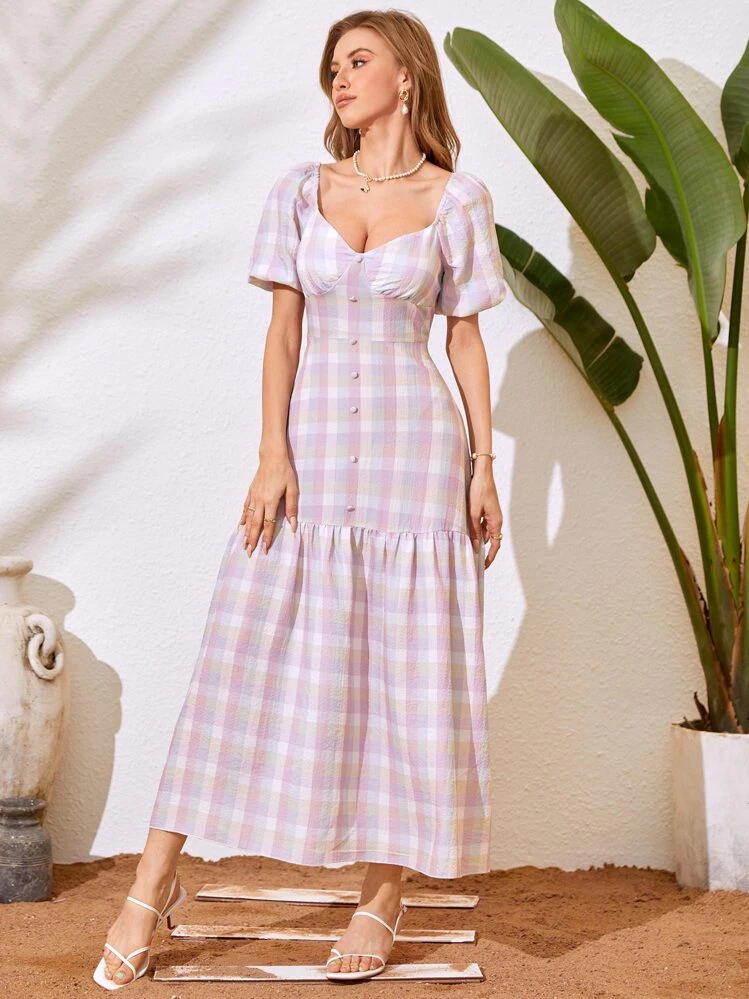 Modelyn Plaid Sweetheart Neck Lantern Sleeve Fake Button Ruffle Hem Dress - Multicolor - View 5