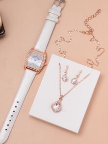 1 đồng hồ con trỏ tonneau được trang trí bằng rhinestone và 3 bộ trang sức - trắng - Xem 3