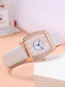 1 đồng hồ con trỏ tonneau được trang trí bằng rhinestone và 3 bộ trang sức - trắng - Xem 2