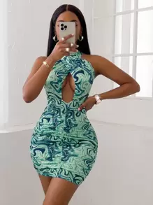 SOLERSUN Random Allover Print Cross Wrap Ruched Tie Backless Bodycon Dress - Multicolor - View 1