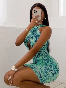 SOLERSUN Random Allover Print Cross Wrap Ruched Tie Backless Bodycon Dress - Multicolor - View 4