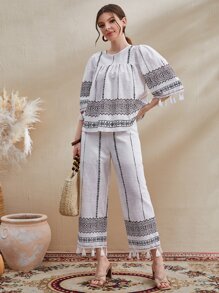 Mulvari Tassel Trim Graphic Print Top - White - View 1