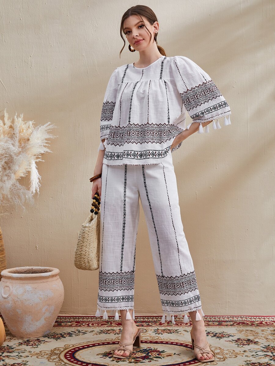 Mulvari Tassel Trim Graphic Print Top - White - View 1