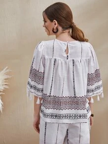 Mulvari Tassel Trim Graphic Print Top - White - View 2