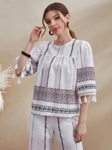 Mulvari Tassel Trim Graphic Print Top - White - View 3