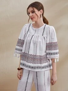 Mulvari Tassel Trim Graphic Print Top - White - View 4