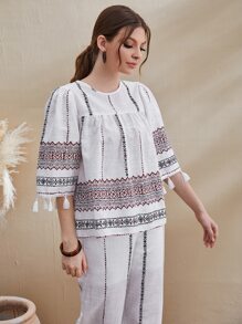 Mulvari Tassel Trim Graphic Print Top - White - View 5