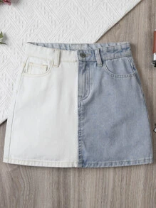 Bé Gái Chân váy Denim Nút Túi Dây kéo Khối Màu - Xanh và trắng - Xem 1