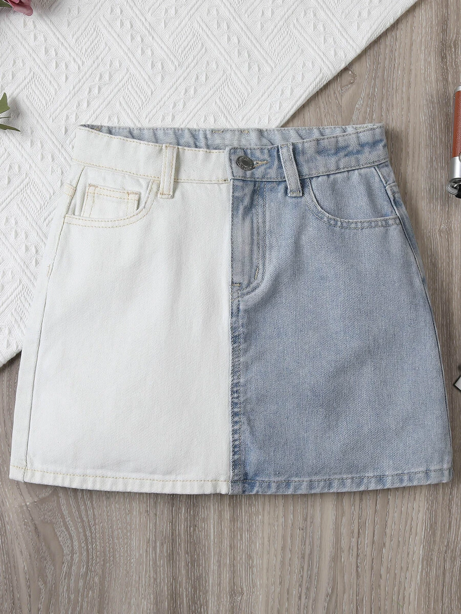 Bé Gái Chân váy Denim Nút Túi Dây kéo Khối Màu - Xanh và trắng - Xem 1