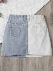 Bé Gái Chân váy Denim Nút Túi Dây kéo Khối Màu - Xanh và trắng - Xem 2