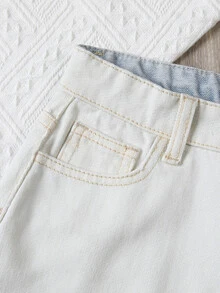 Bé Gái Chân váy Denim Nút Túi Dây kéo Khối Màu - Xanh và trắng - Xem 3