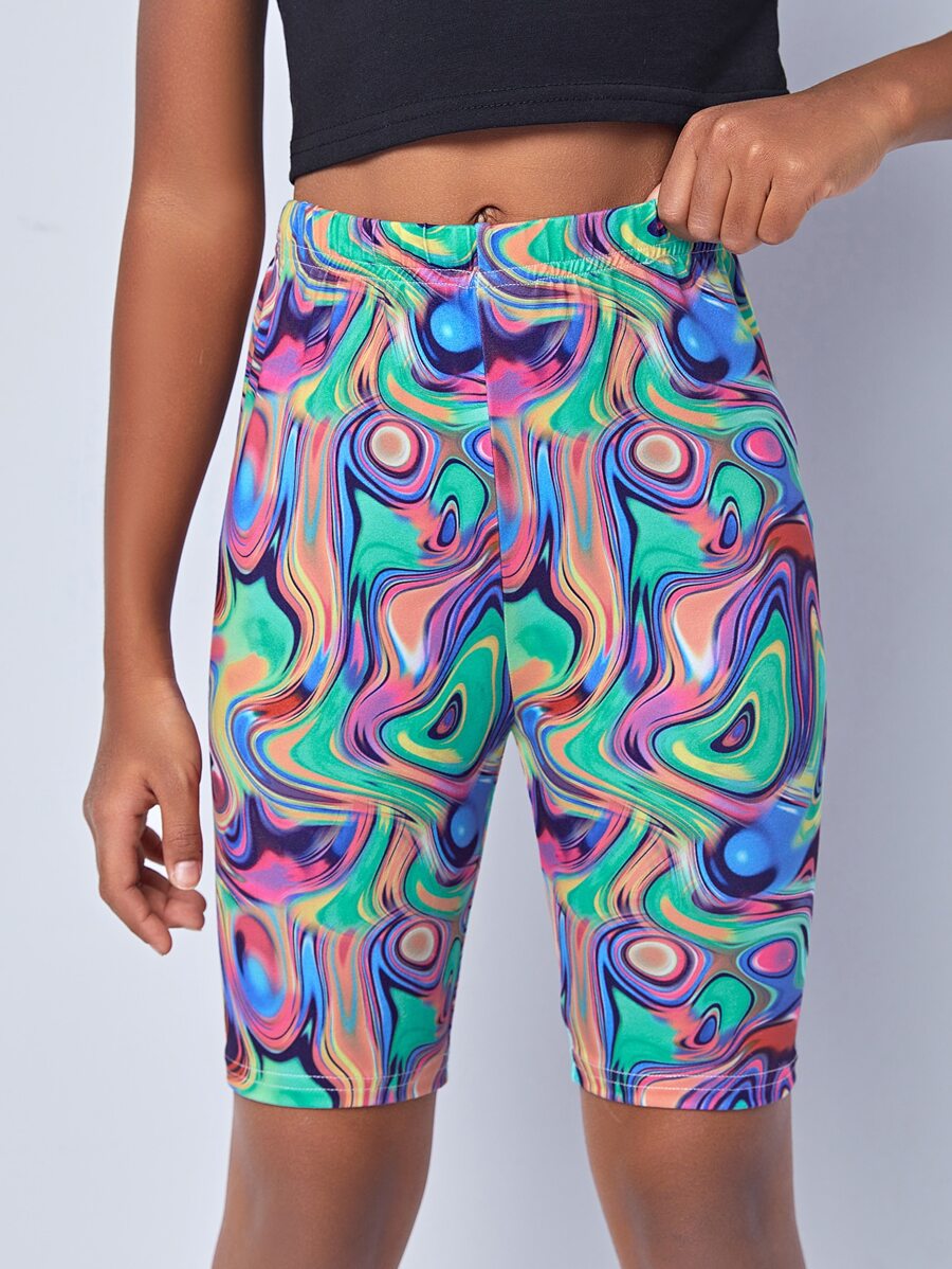 SHEIN 女孩大理石圖案騎行褲 - 彩色 - 查看 1