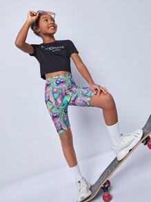 SHEIN 女孩大理石圖案騎行褲 - 彩色 - 查看 5