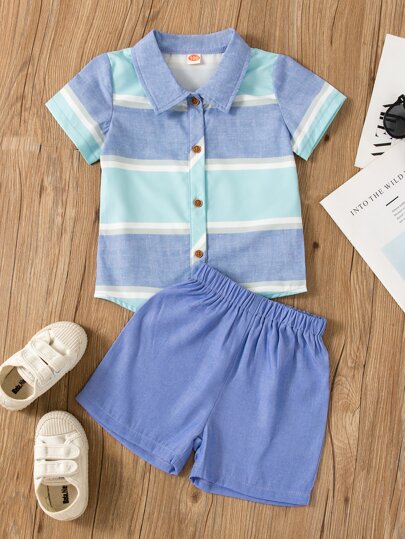 SHEIN Explorewe Camisa Y Pantalones Cortos De Rayas Y Bloques De Color Para Joven