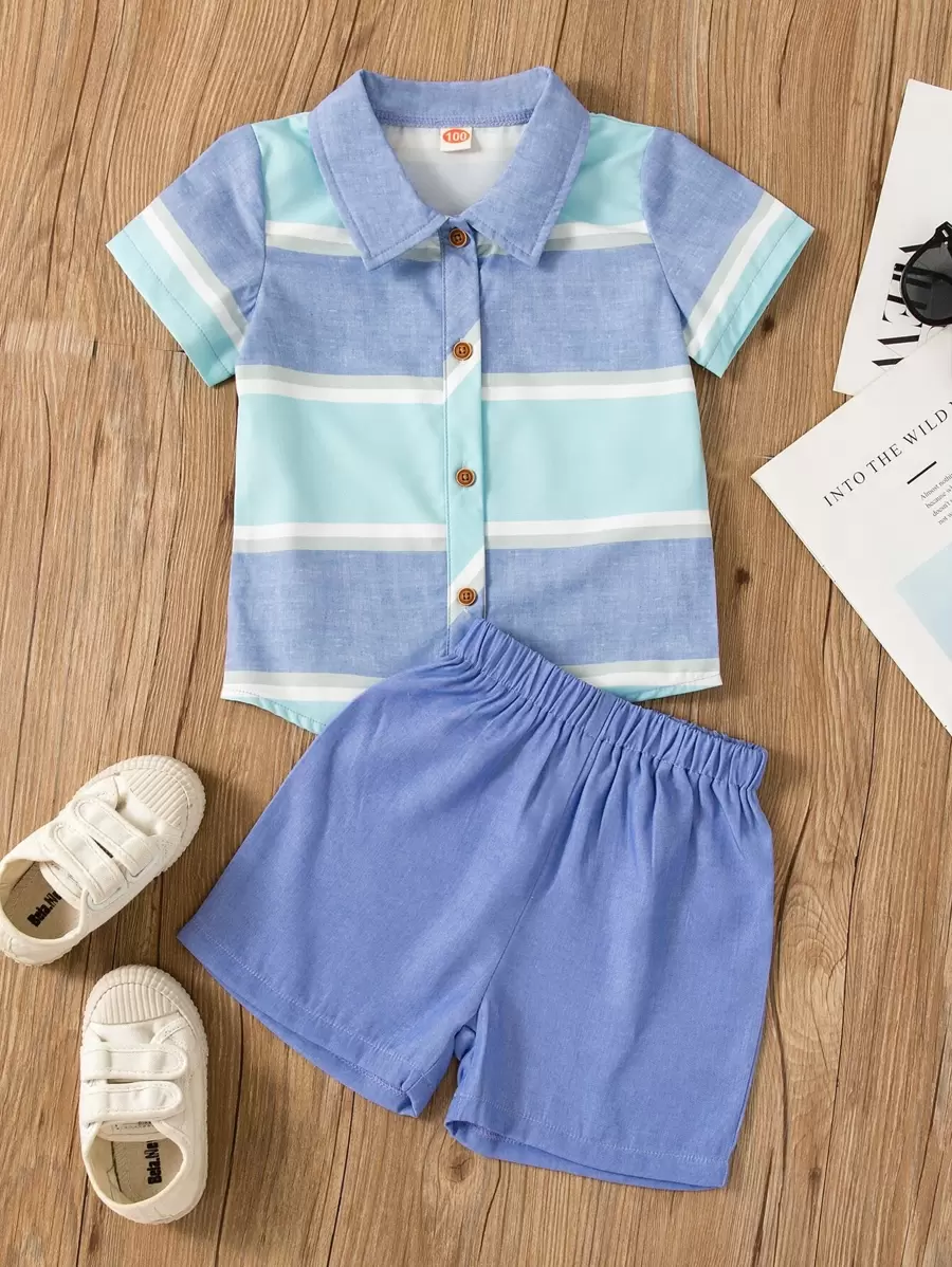 SHEIN Explorewe Young Boy Striped Colorblock Shirt & Shorts - Multicolor - View 1
