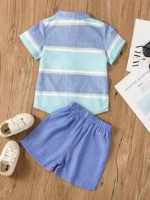 SHEIN Explorewe Young Boy Striped Colorblock Shirt & Shorts - Multicolor - View 2