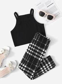 SHEIN Toddler Girls Rib Knit Top & Plaid Leggings Set - Black - View 1