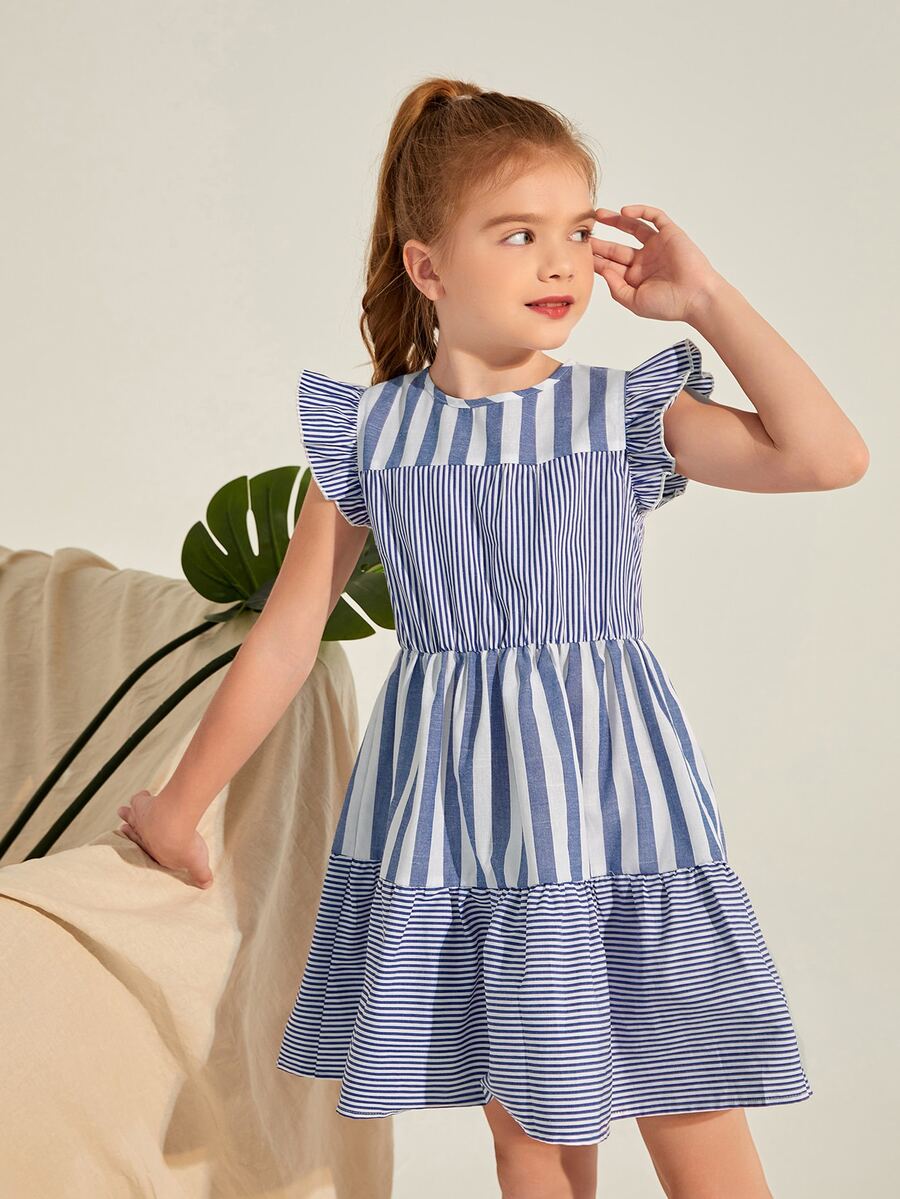 SHEIN Đầm Gái Nút Xù Viên lá sen Sọc Ăn mặc đẹp - Xanh và trắng - Xem 1