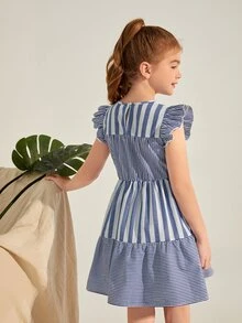 SHEIN Đầm Gái Nút Xù Viên lá sen Sọc Ăn mặc đẹp - Xanh và trắng - Xem 2