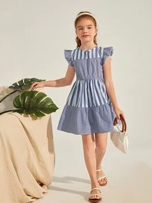 SHEIN Đầm Gái Nút Xù Viên lá sen Sọc Ăn mặc đẹp - Xanh và trắng - Xem 3