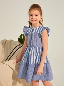 SHEIN Đầm Gái Nút Xù Viên lá sen Sọc Ăn mặc đẹp - Xanh và trắng - Xem 4