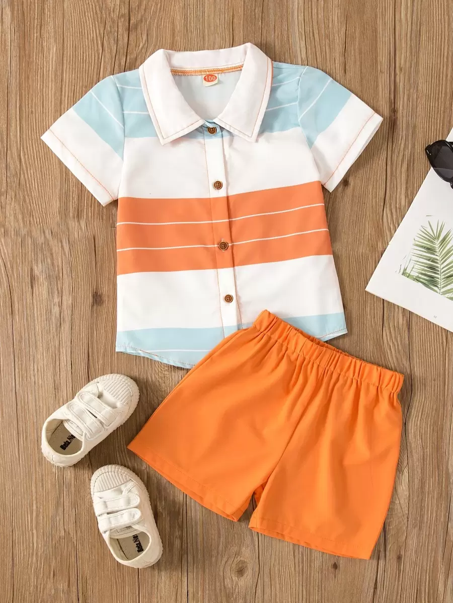 SHEIN Young Boy Block Striped Shirt & Shorts - Multicolor - View 1