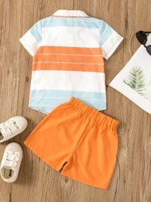 SHEIN Young Boy Block Striped Shirt & Shorts - Multicolor - View 2