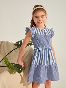 SHEIN Đầm Gái Nút Xù Viên lá sen Sọc Ăn mặc đẹp - Xanh và trắng - Xem 5