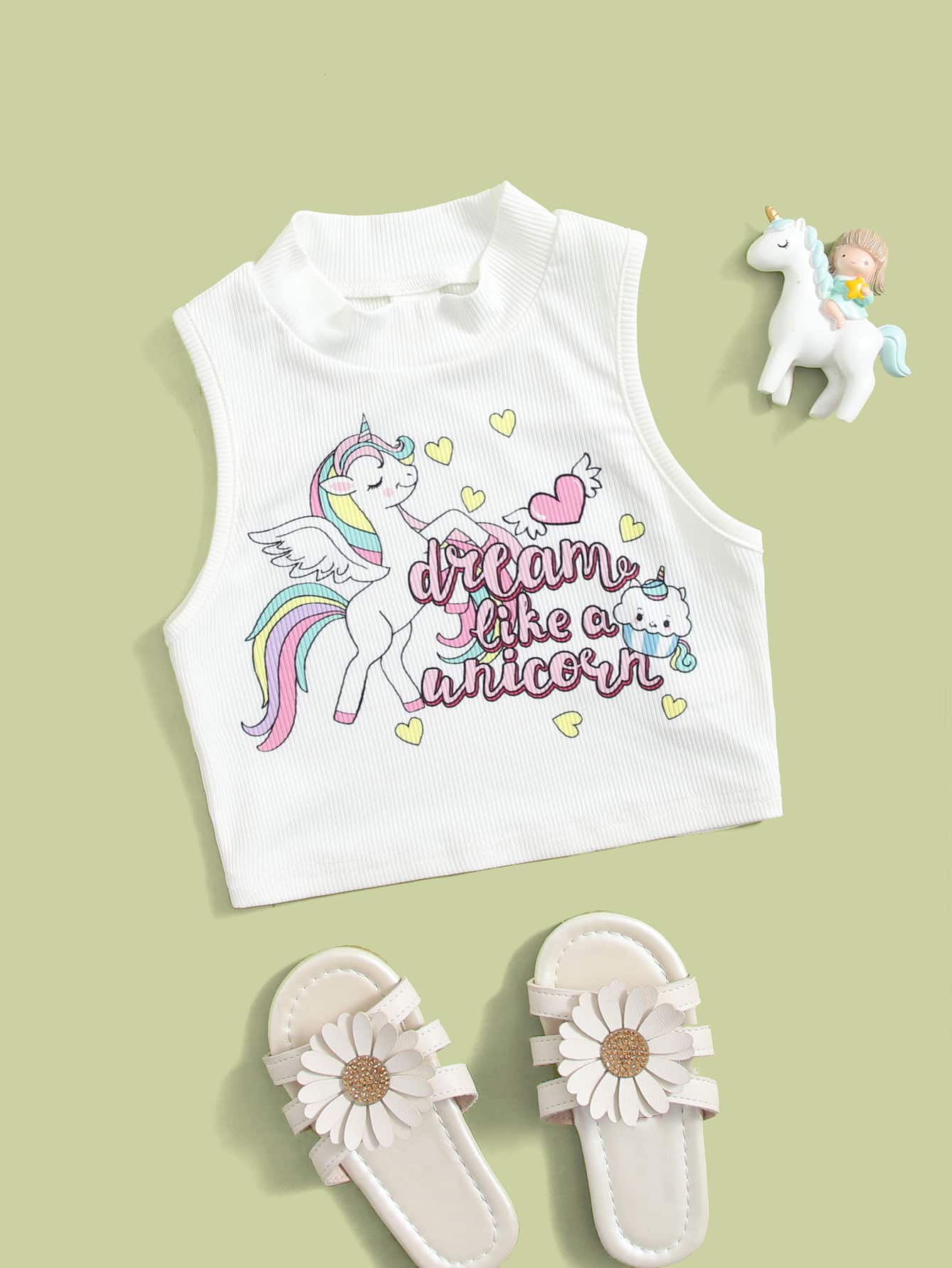 SHEIN Toddler Girls Unicorn Print Ribbed Knit Tank Top - White - View 1
