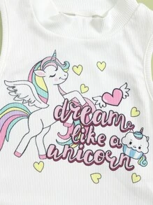 SHEIN Toddler Girls Unicorn Print Ribbed Knit Tank Top - White - View 3