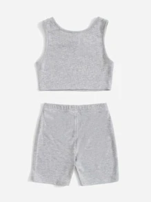 SHEIN 小女童素色背心上衣和短褲 - 淺灰色 - 查看 2