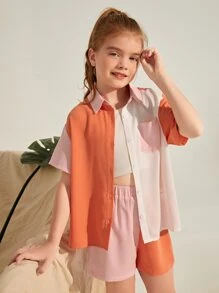 SHEIN Girls Button Front Colorblock Panel Top & Shorts - Multicolor - View 1