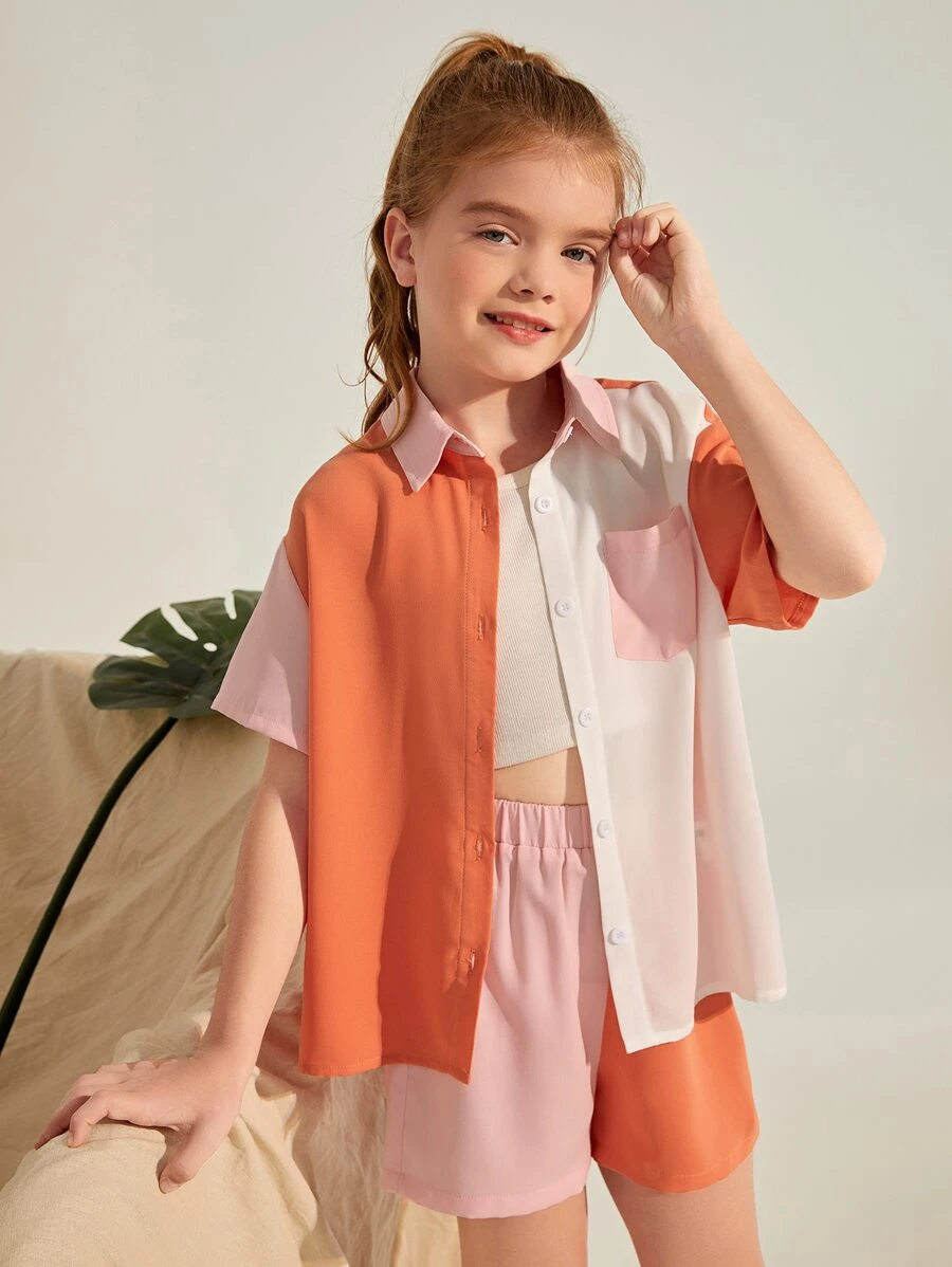 SHEIN Girls Button Front Colorblock Panel Top & Shorts - Multicolor - View 1