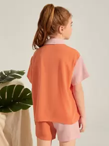 SHEIN Girls Button Front Colorblock Panel Top & Shorts - Multicolor - View 2