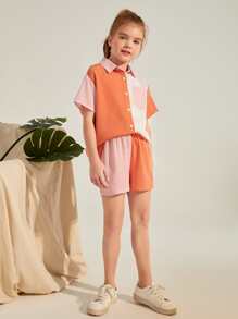 SHEIN Girls Button Front Colorblock Panel Top & Shorts - Multicolor - View 3