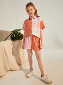 SHEIN Girls Button Front Colorblock Panel Top & Shorts - Multicolor - View 4