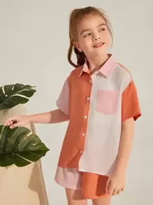 SHEIN Girls Button Front Colorblock Panel Top & Shorts - Multicolor - View 5