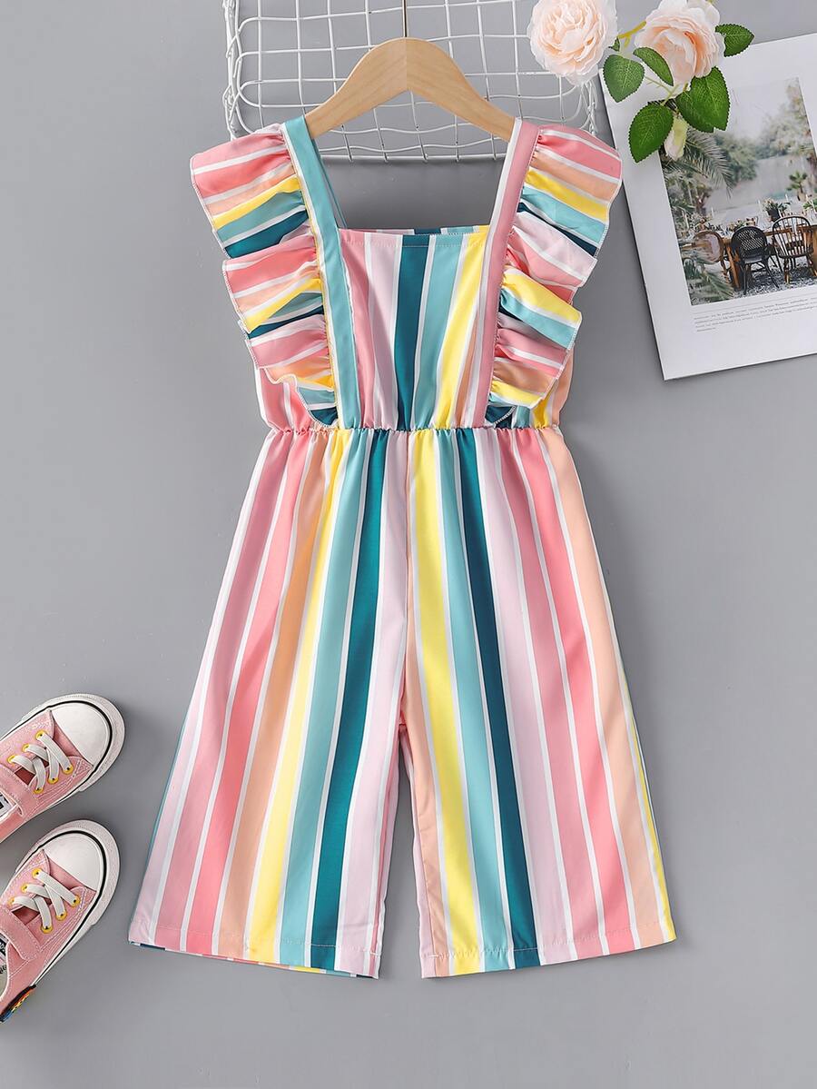 Toddler Girls Rainbow Striped Ruffle Trim Jumpsuit - Multicolor - View 1