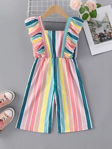 Toddler Girls Rainbow Striped Ruffle Trim Jumpsuit - Multicolor - View 2