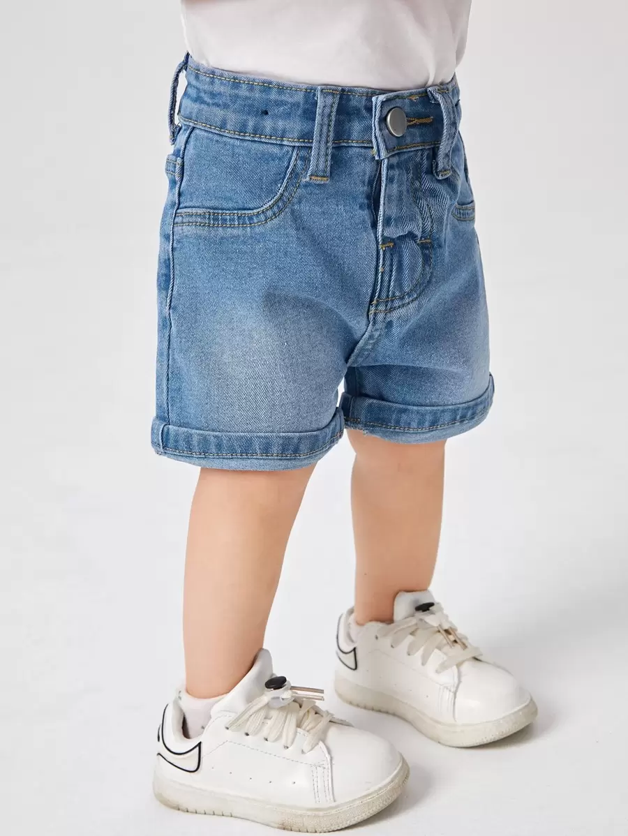 Baby Girl Patched Pocket Washed Denim Shorts - Medium Wash - View 1
