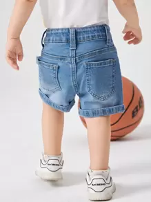 Baby Girl Patched Pocket Washed Denim Shorts - Medium Wash - View 2
