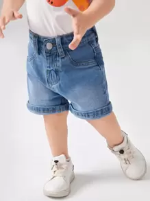 Baby Girl Patched Pocket Washed Denim Shorts - Medium Wash - View 3