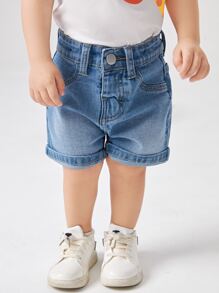 Baby Girl Patched Pocket Washed Denim Shorts - Medium Wash - View 5