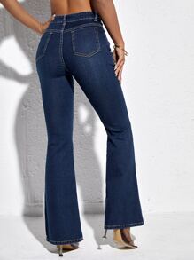 SHEIN PETITE Slant Pocket Flare Leg Jeans - Dark Wash - View 2