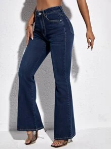 SHEIN PETITE Slant Pocket Flare Leg Jeans - Dark Wash - View 4