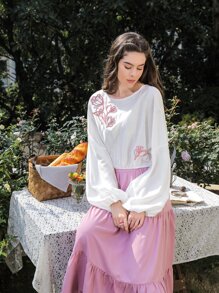 Mulvari floral con parche de manga farol Top & bajo con fruncido Set falda - Multicolor - Ver 3