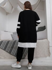 Mulvari Plus Slogan Graphic Contrast Panel Split Hem Longline Pullover & Joggers - Black - View 2