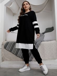 Mulvari Plus Slogan Graphic Contrast Panel Split Hem Longline Pullover & Joggers - Black - View 3