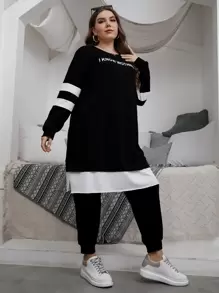 Mulvari Plus Slogan Graphic Contrast Panel Split Hem Longline Pullover & Joggers - Black - View 4