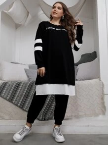 Mulvari Plus Slogan Graphic Contrast Panel Split Hem Longline Pullover & Joggers - Black - View 6